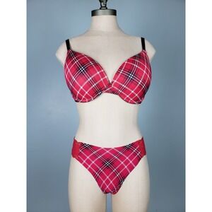 Pink Victoria's Secret Y2K Plaid Set Push-Up Bra 36D Thong Panty Sz M Lacy Red